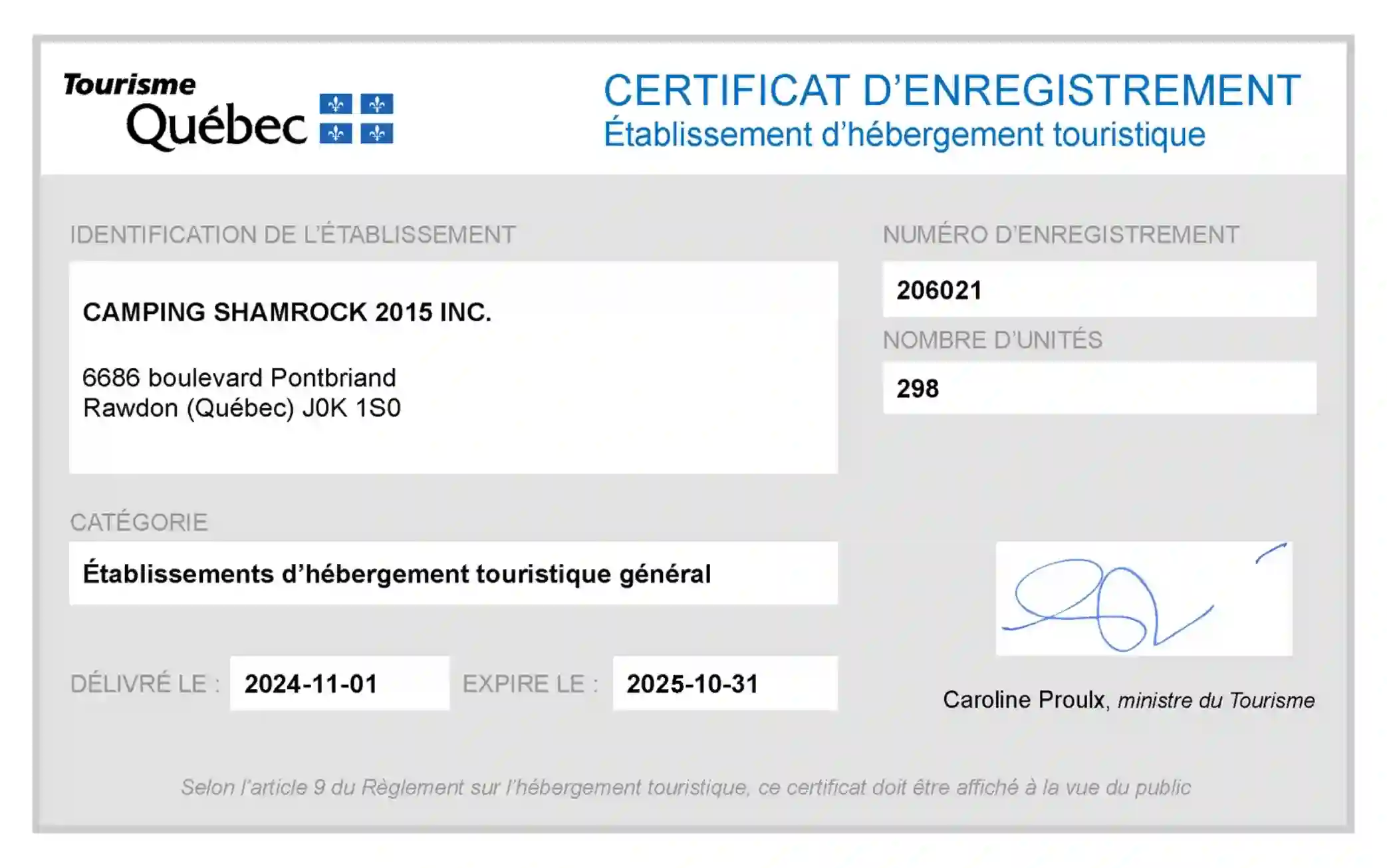 Certificat Québec Camping Shamrock 2025