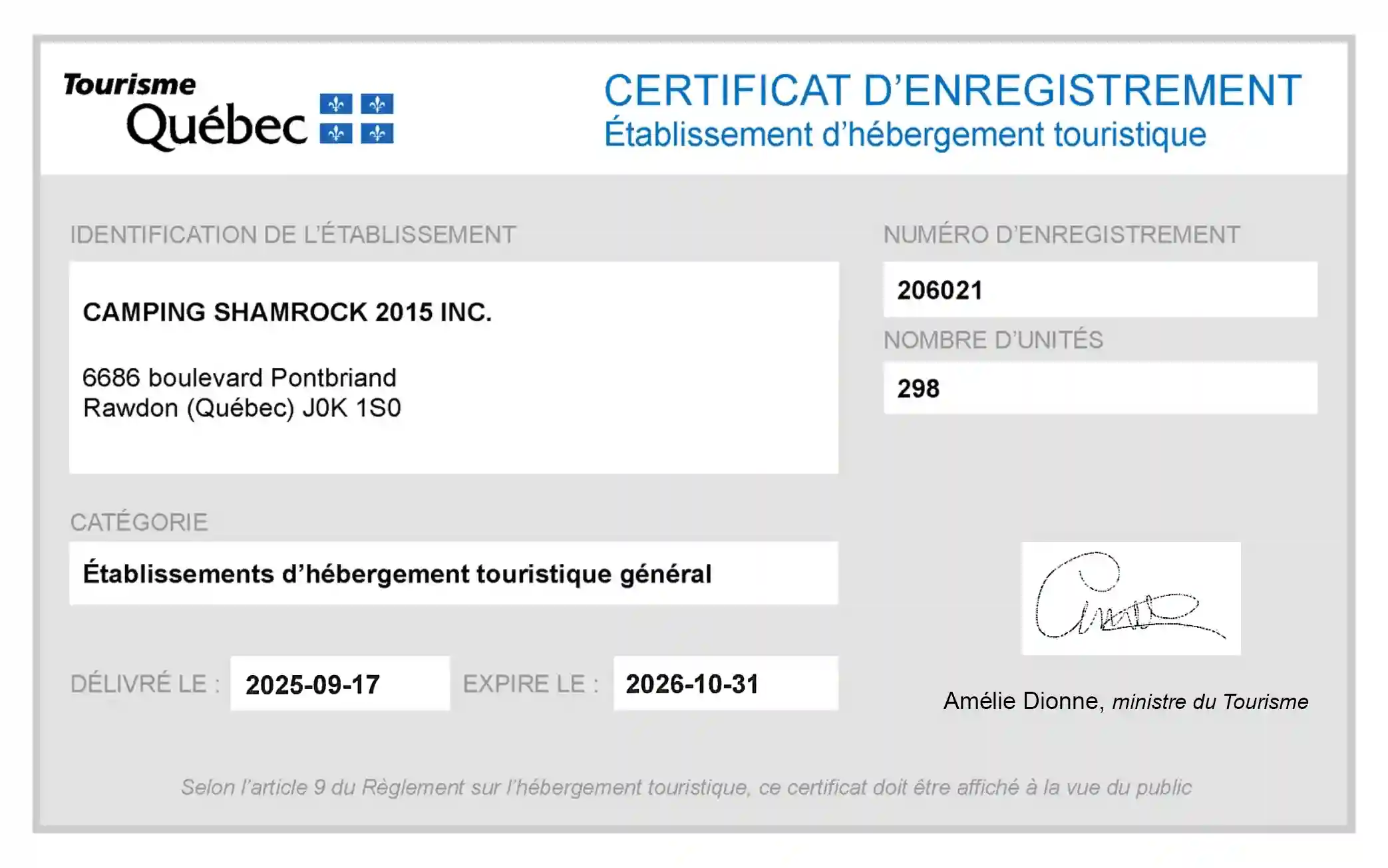 Certificat Québec Camping Shamrock 2026